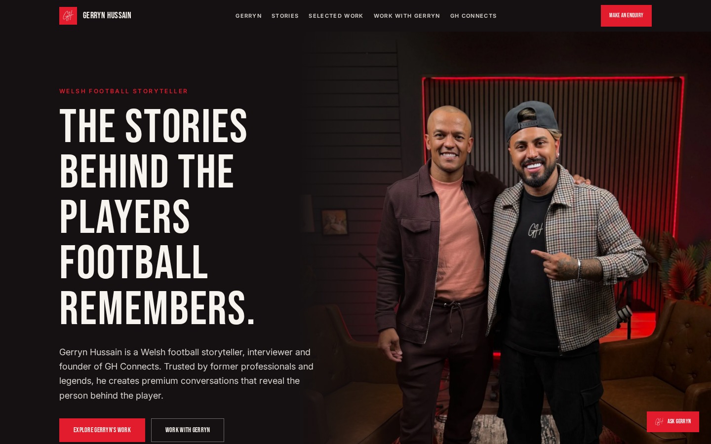 Gerryn Hussain homepage with its football storytelling headline and interview guest photograph