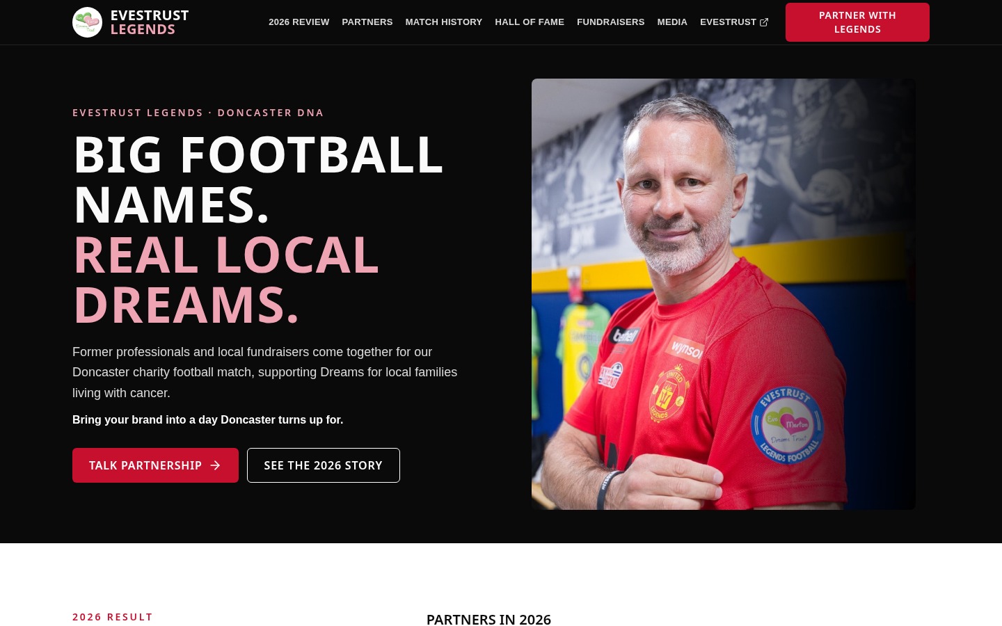 Evestrust Legends charity football homepage with its Real local dreams headline and football portrait