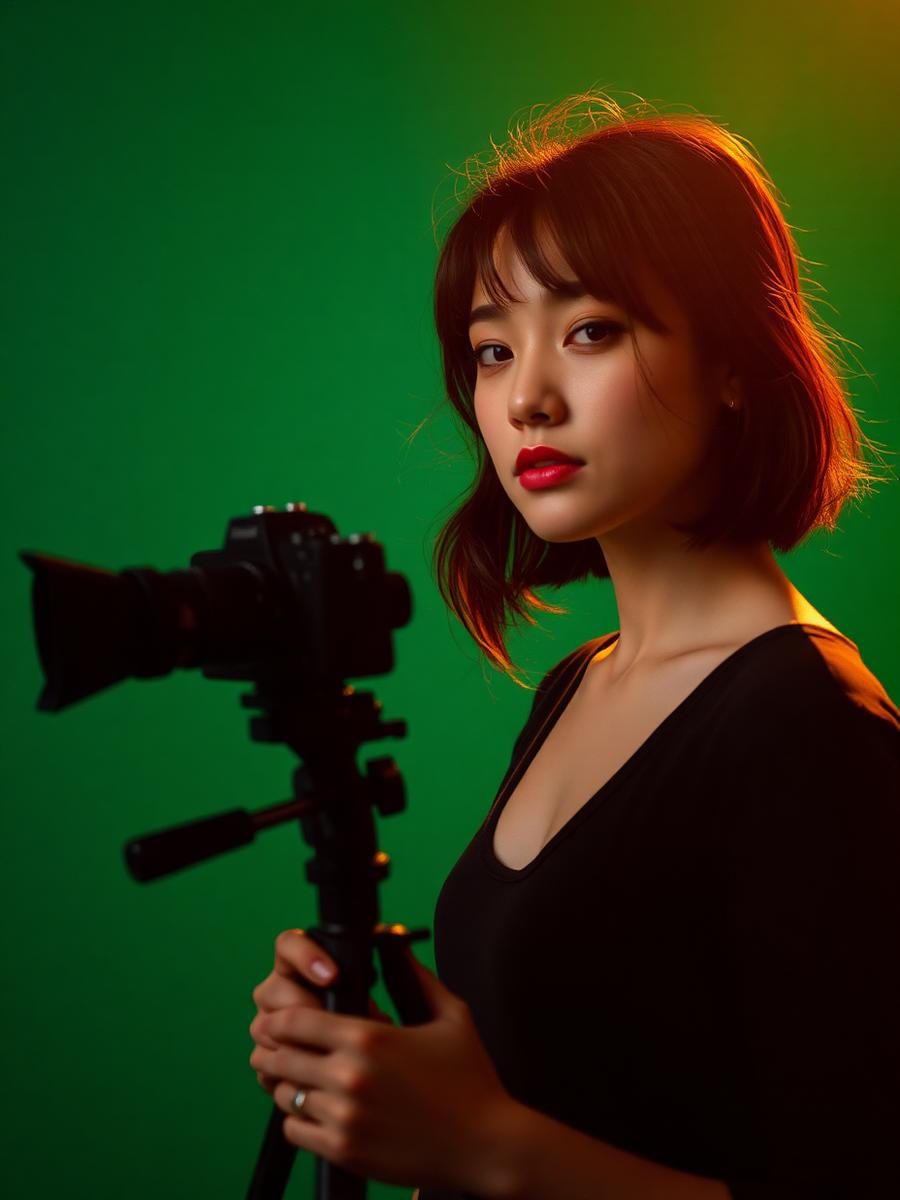 UGC creator setting up a camera on a tripod against a deep green backdrop